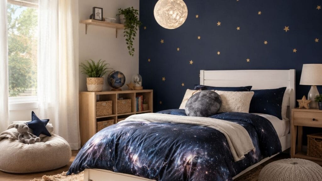 Space themed bedroom with navy star accent wall and galaxy bedding