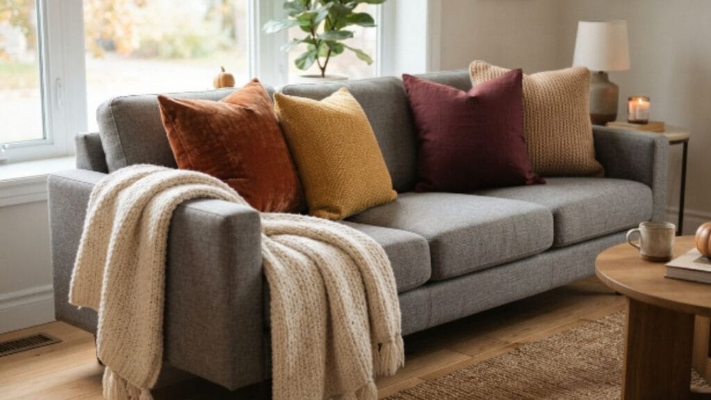 Fall home decor ideas shown on gray couch with rust, mustard, burgundy, and beige pillows