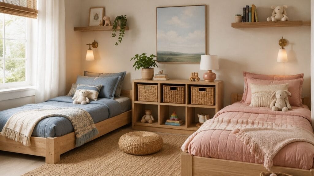Cozy toddler boy and girl shared bedroom ideas with blue and blush twin beds