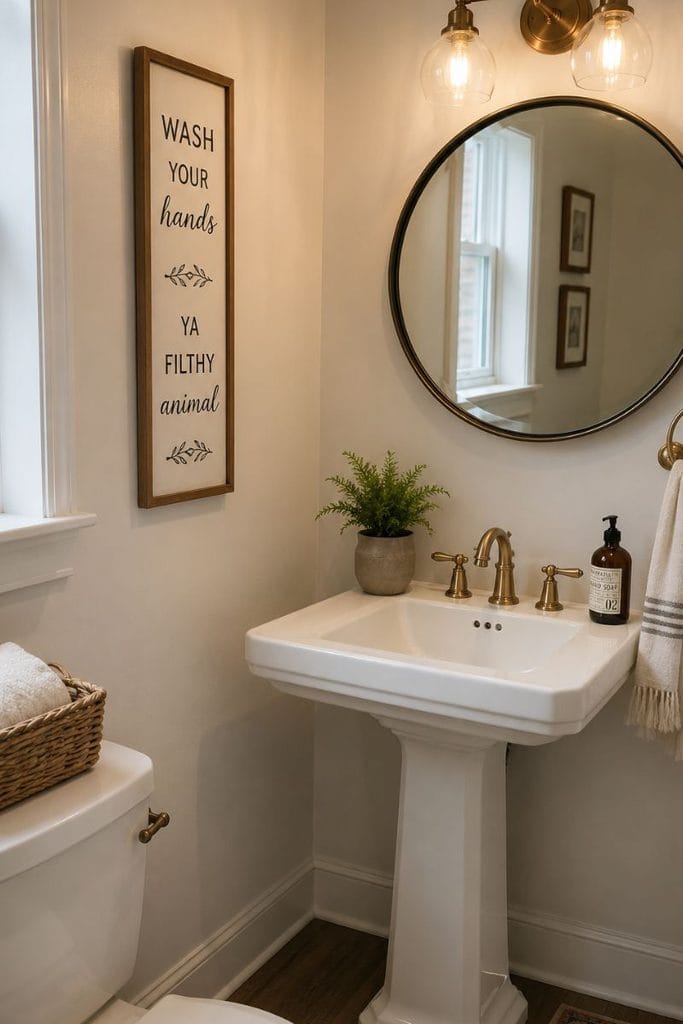 Framed guest bathroom sign as part of funny bathroom decor