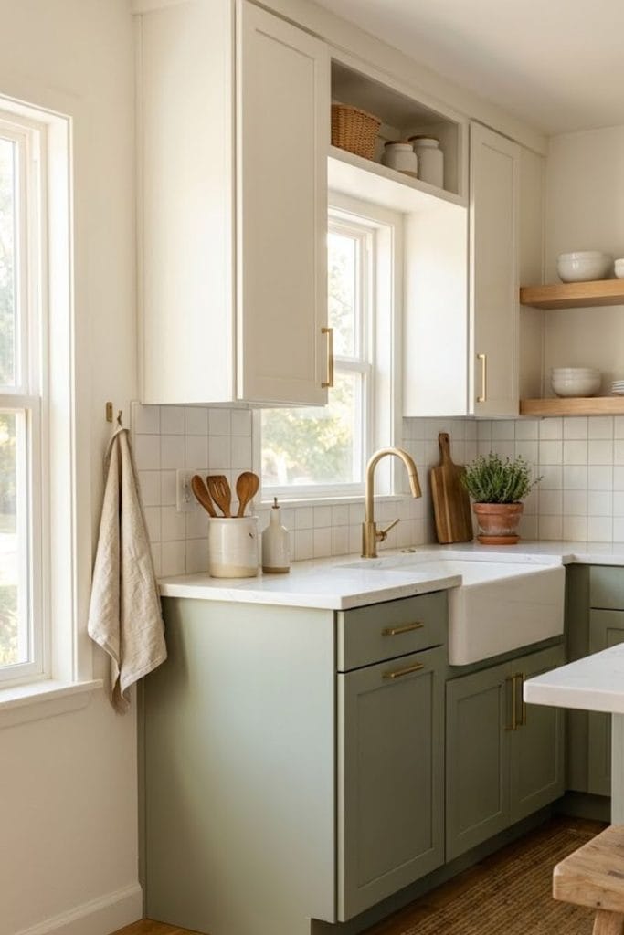 Cream upper cabinets and sage green lower cabinets in a small kitchen