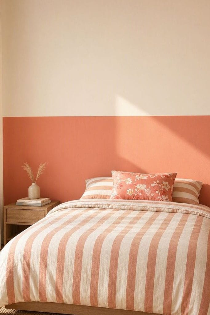 Colorful toddler girl bedroom with coral and cream color-blocked wall