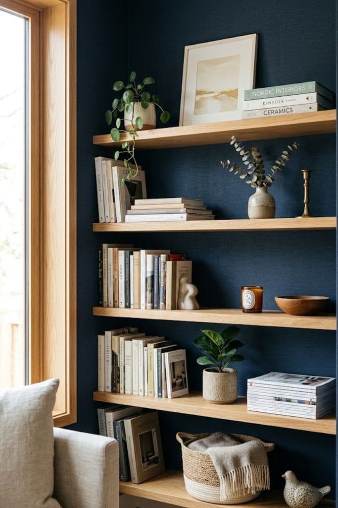  Blue room wallpaper ideas behind open shelves