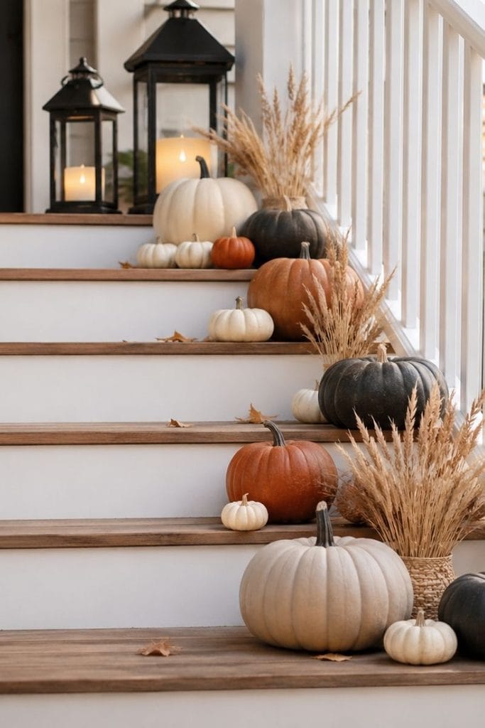 Halloween decor ideas for a layered pumpkin porch step display
