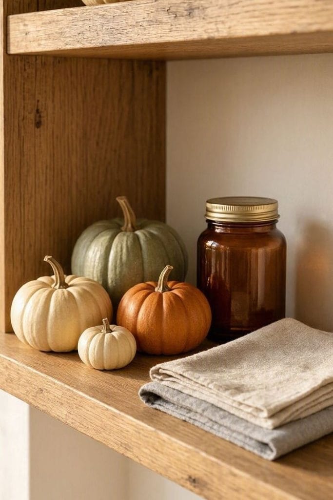 Mini pumpkins on open shelf for halloween kitchen decor