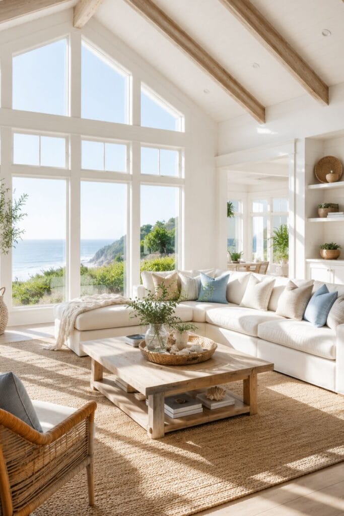 Coastal living room with vaulted ceiling and oversized windows