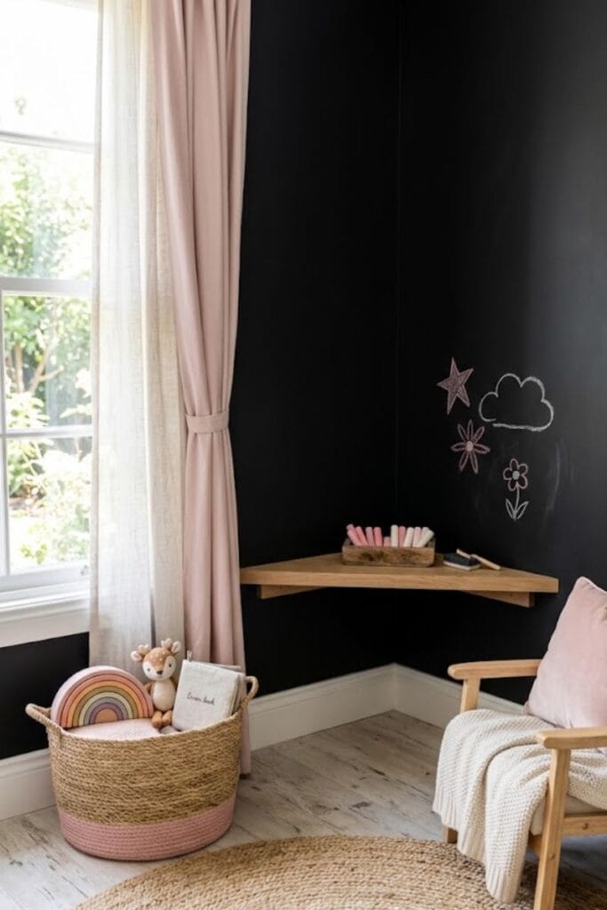 Black chalkboard corner black and pink toddler girl bedroom idea