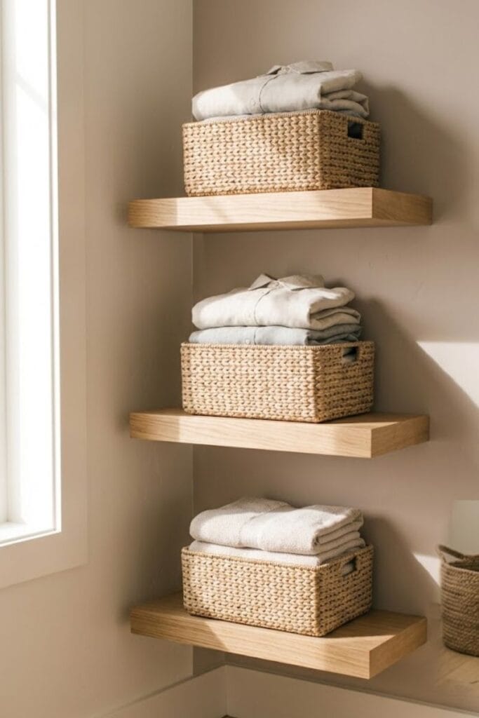 Seagrass baskets on shelves, a small bedroom storage idea