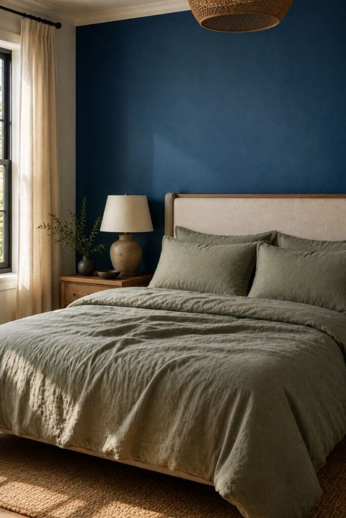  Blue and green bedroom idea with ocean blue wall and eucalyptus green bedding 