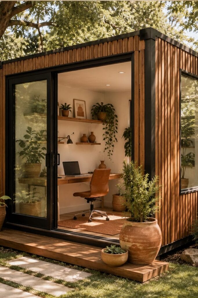 Backyard office ideas using a cedar-clad shipping container conversion