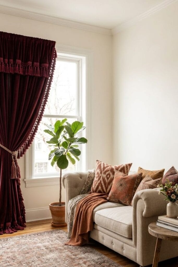  Fringed burgundy curtains in a maximalist living room window