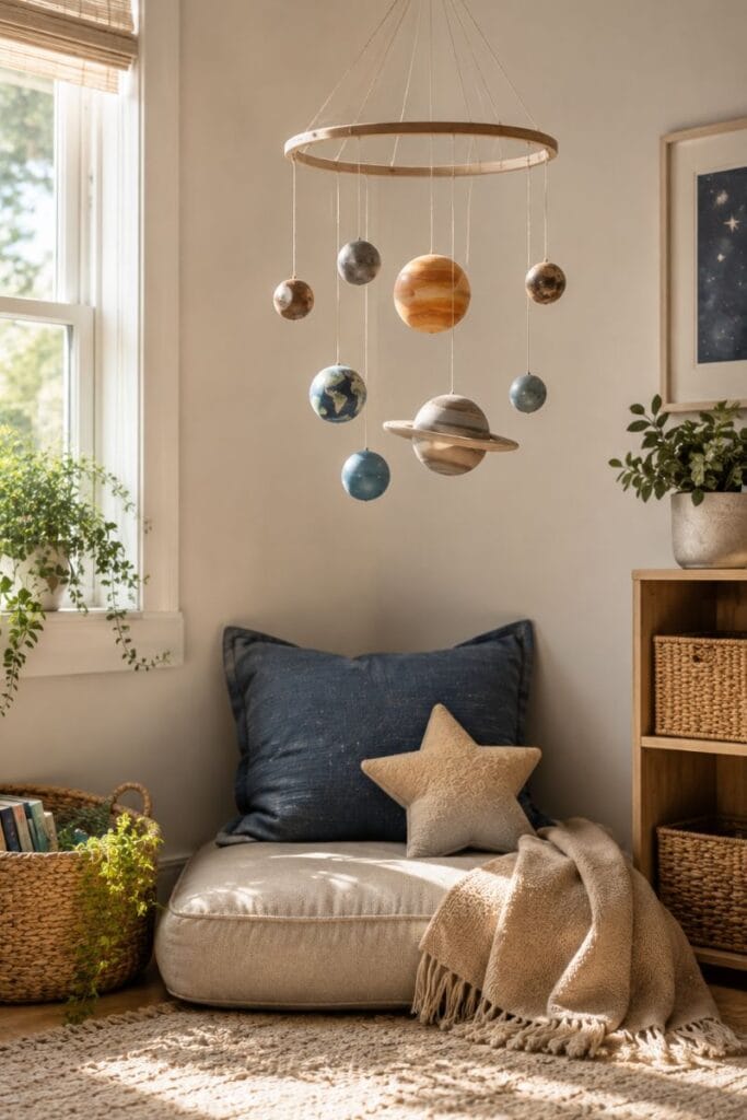 Planet mobile above reading nook in a space themed bedroom