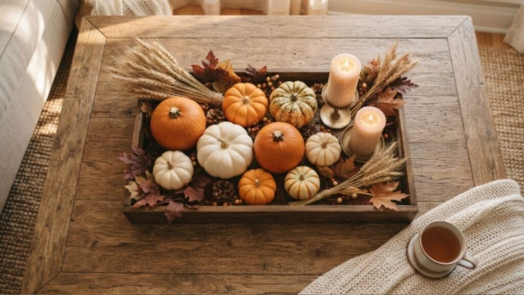 Wooden coffee table with pumpkins, candles, and dried wheat arranged on a serving tray
