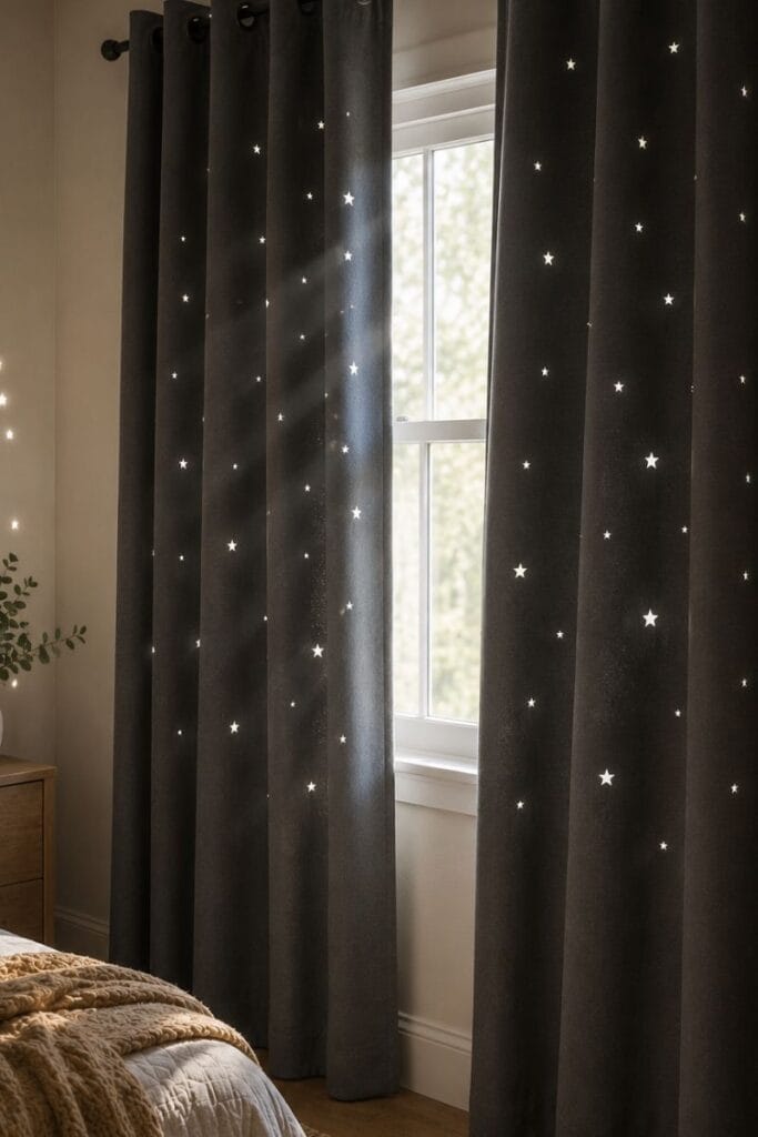 Star cutout blackout curtains in a space themed bedroom