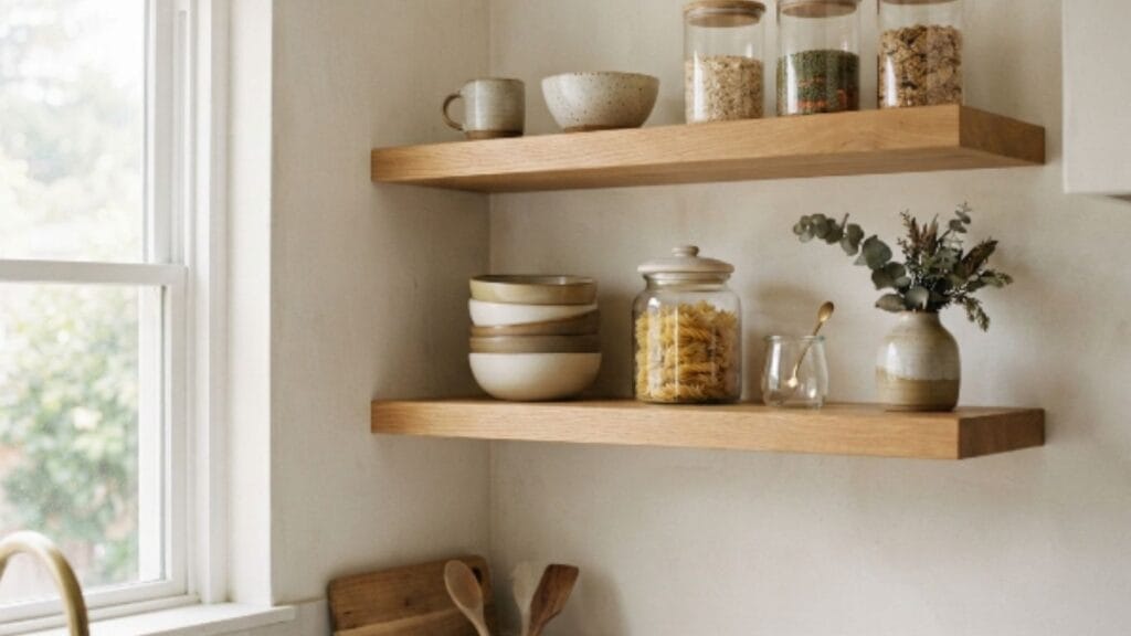 wood open shelving styled with ceramic kitchen decor