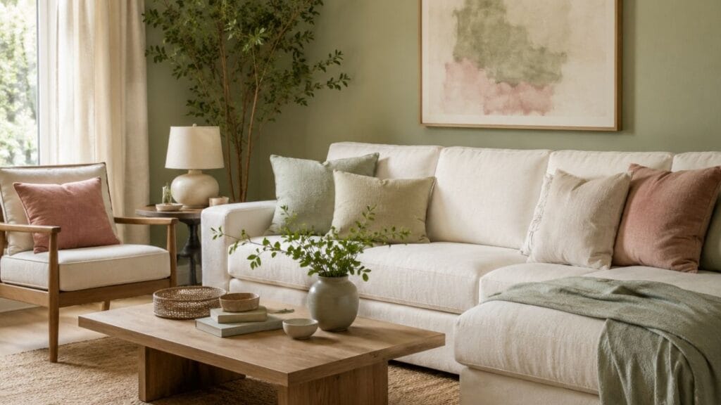 Living room styled with wedding-inspired home decor color palettes
