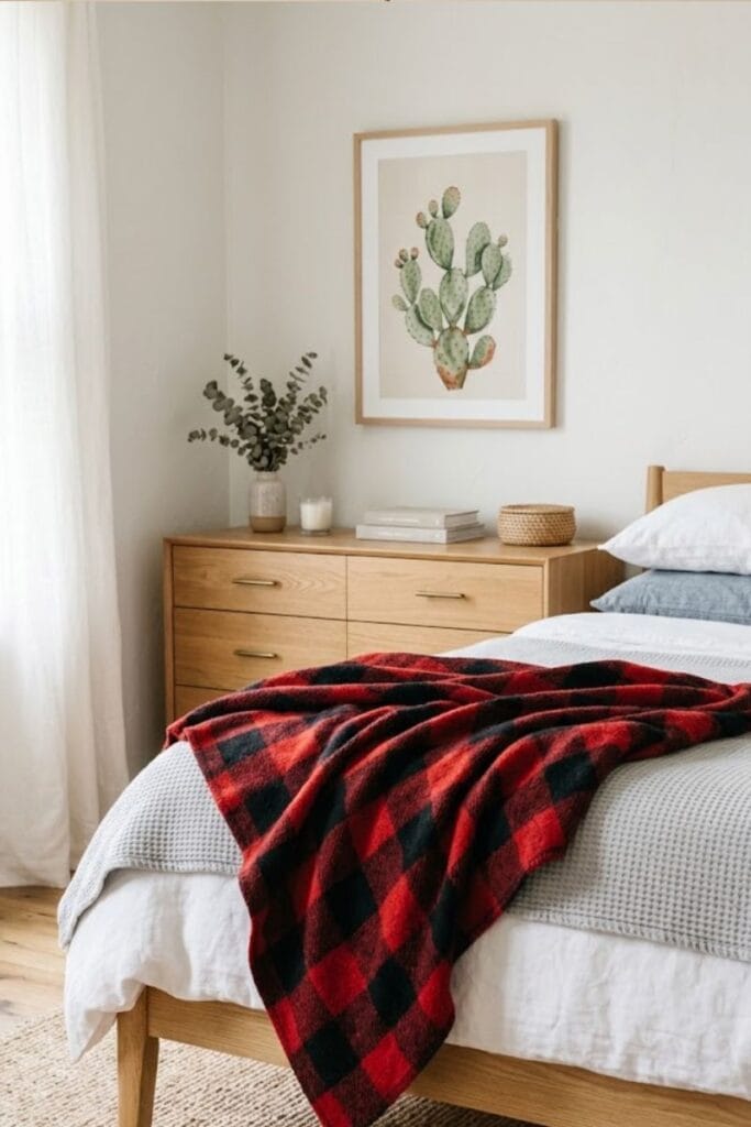 Plaid wool throw and cactus art in western bedroom ideas