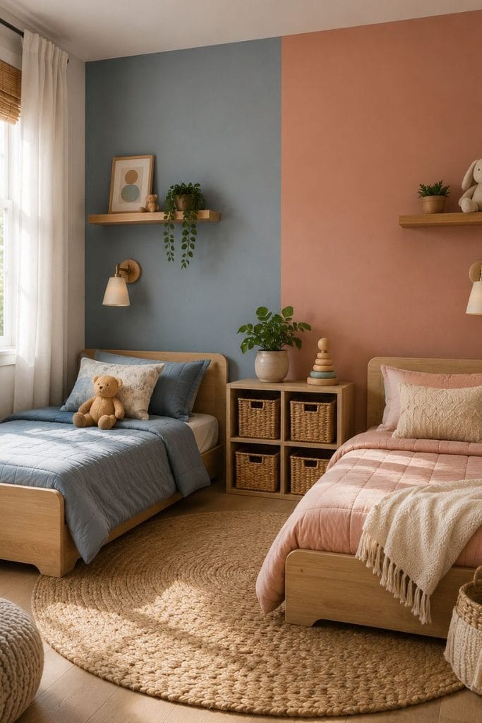 Split painted wall in toddler boy and girl shared bedroom ideas