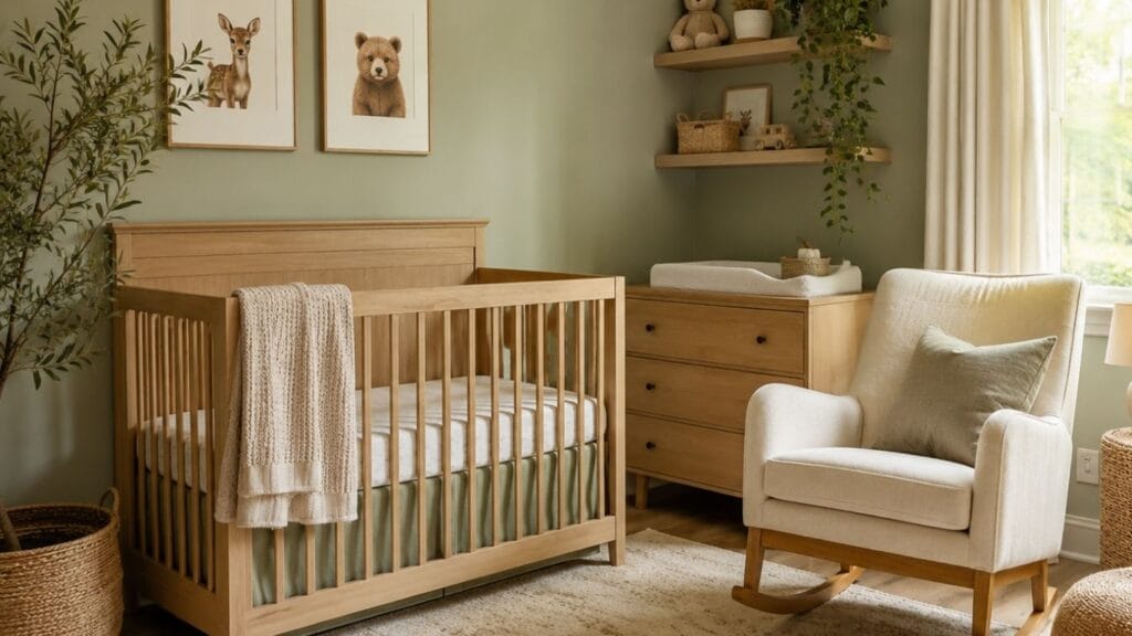 Cozy baby boy nursery ideas with sage walls and wood crib