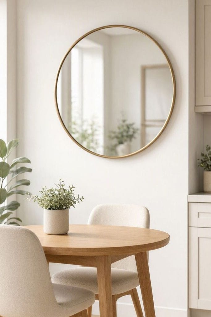 Round brass mirror reflecting light in a small kitchen dining corner