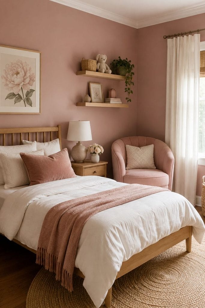 Pink toddler girl bedroom with dusty rose walls and blush velvet chair