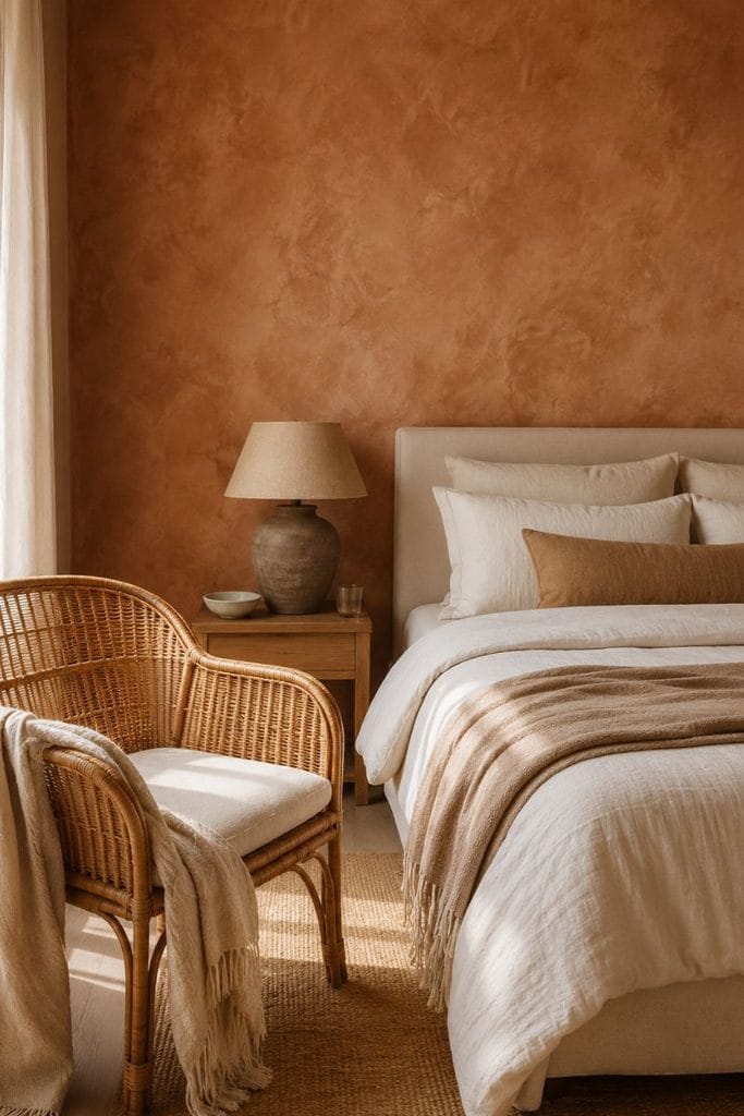 Brown room wallpaper ideas in terracotta limewash