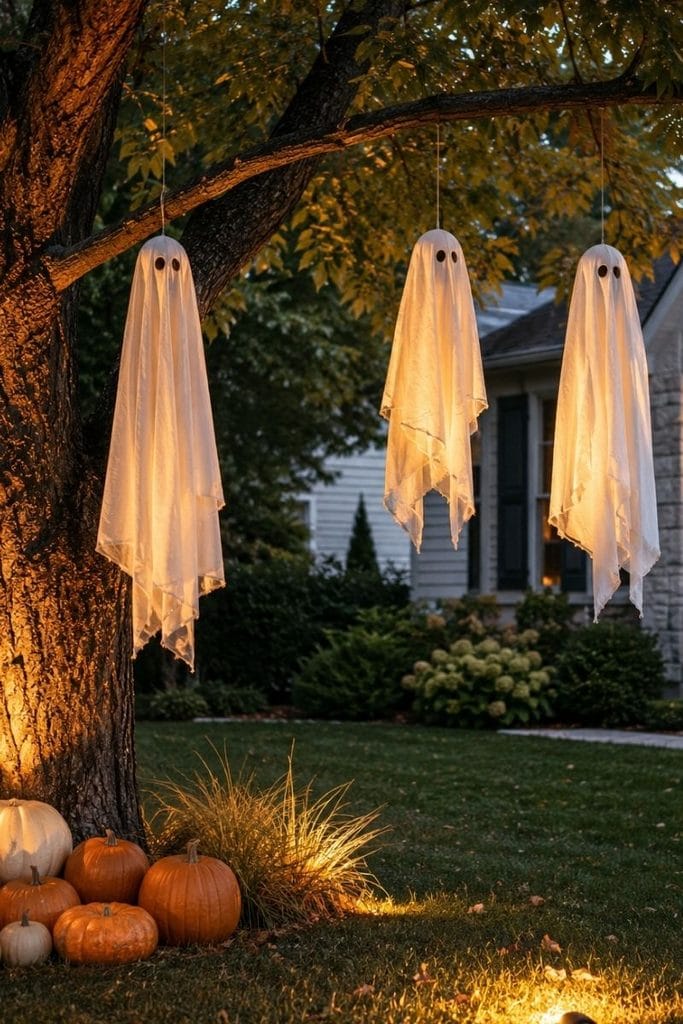 Halloween decor ideas for hanging ghosts and amber yard lighting