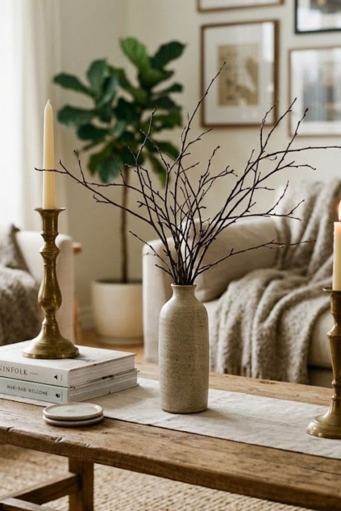 Halloween coffee table decor brass candlesticks and branches