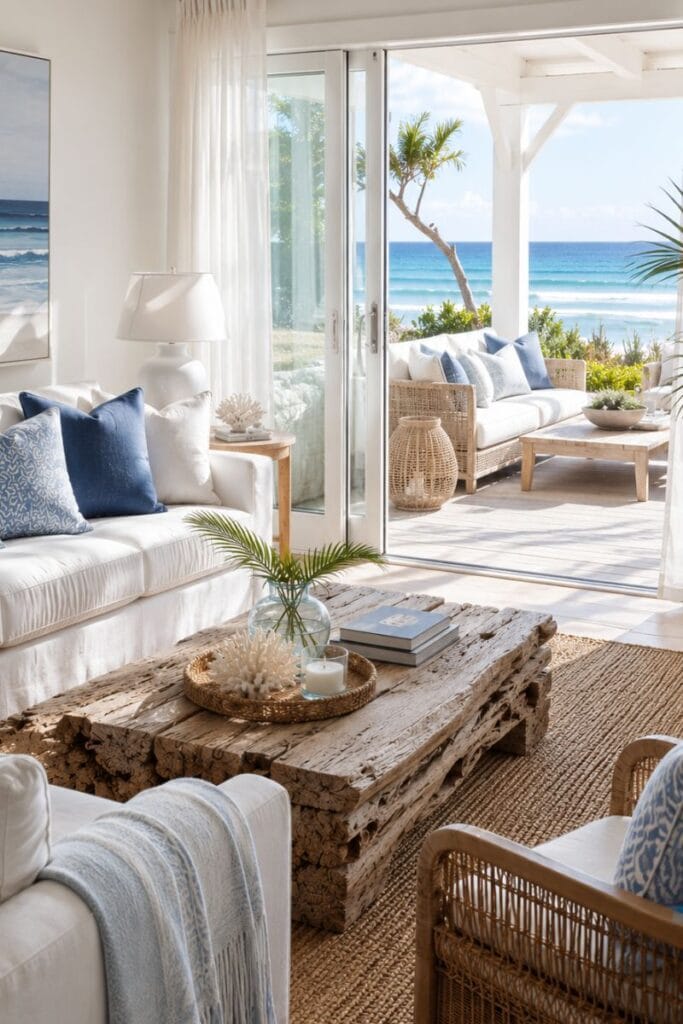 Coastal living room with sliding glass doors opening to an outdoor seating area