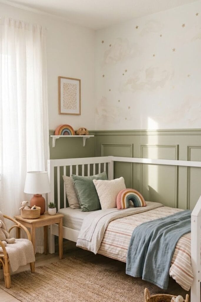 Sage green wainscoting toddler girl bedroom accent wall idea