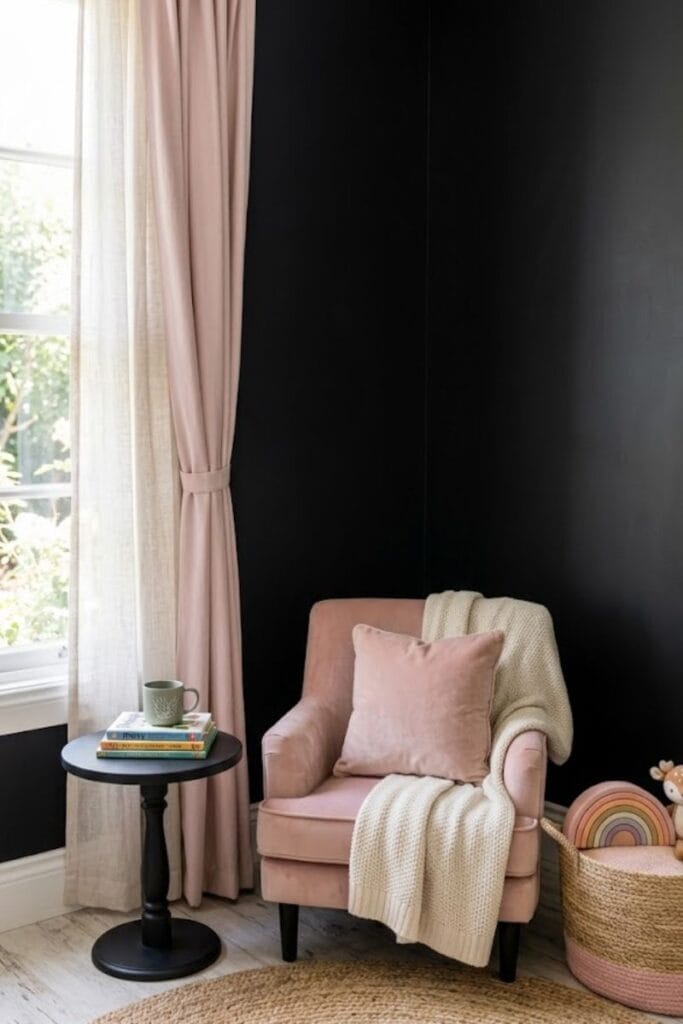 Blush velvet chair in black nook black and pink toddler girl bedroom