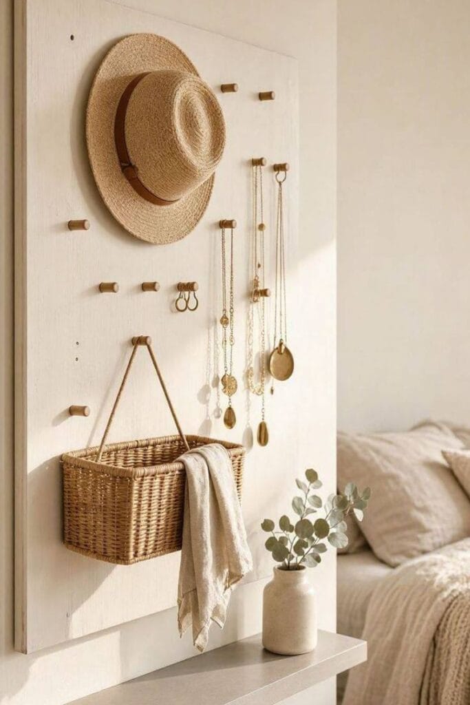 Wall pegboard used as a small bedroom storage idea