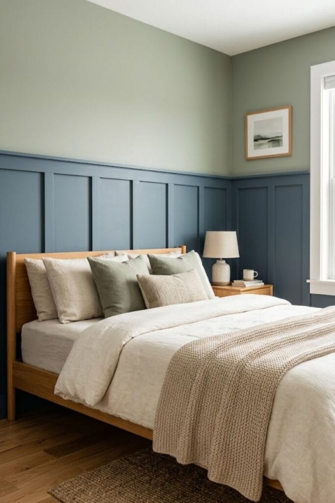 Blue and green bedroom idea with slate blue board and batten and sage upper wall 