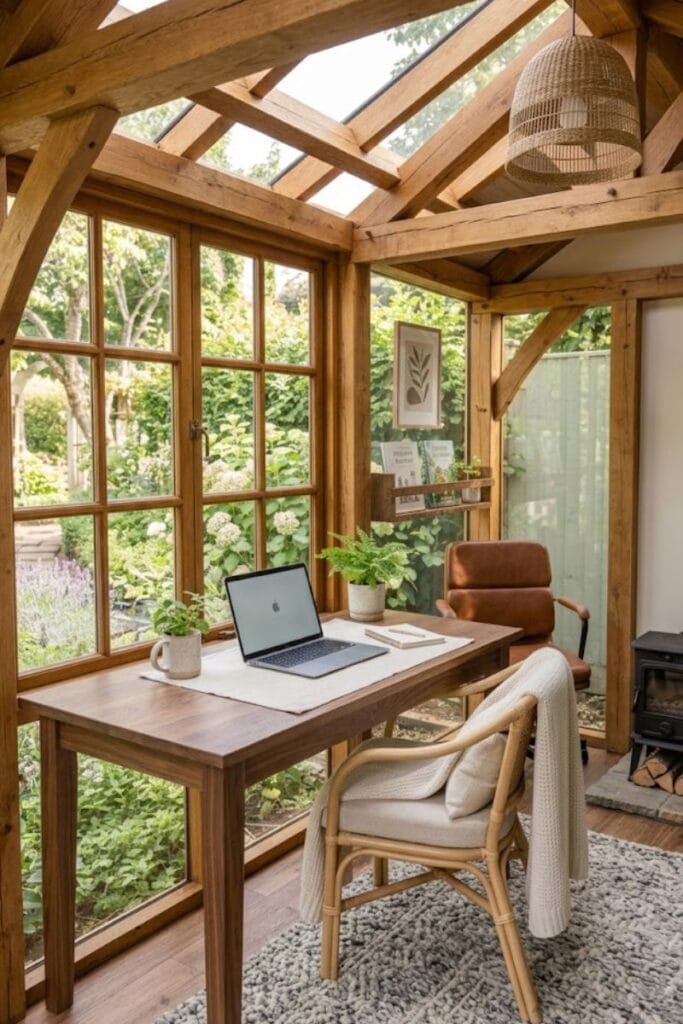 Backyard office ideas with a rustic timber cabin and wood stove
