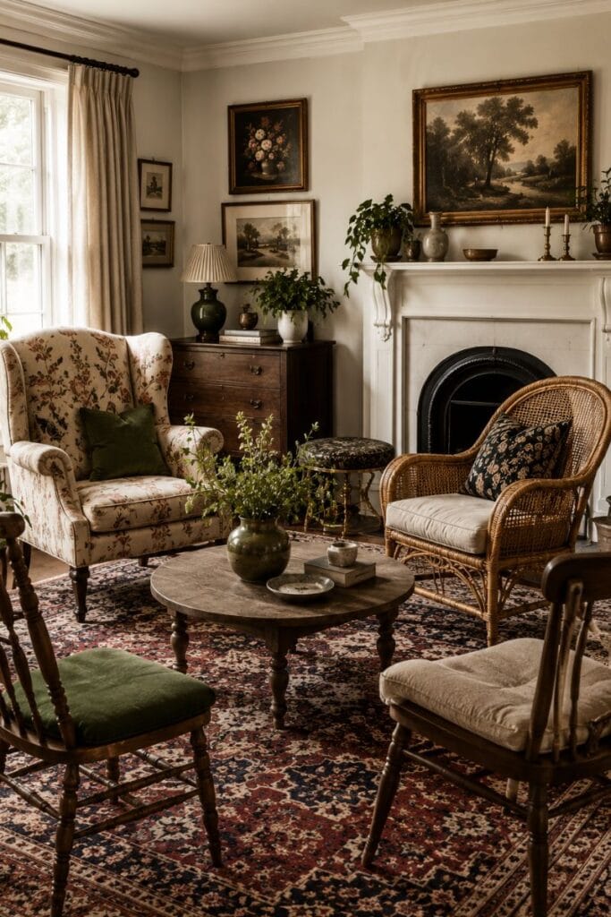  Mismatched vintage chairs grouped in a maximalist living room