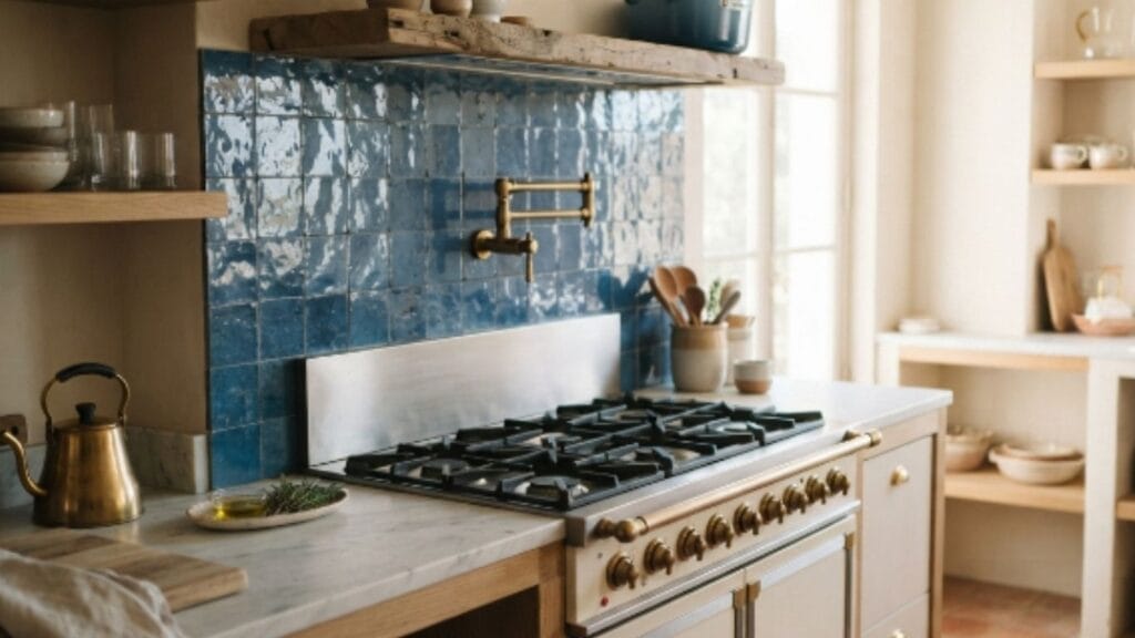 Blue zellige tile backsplash behind kitchen stove