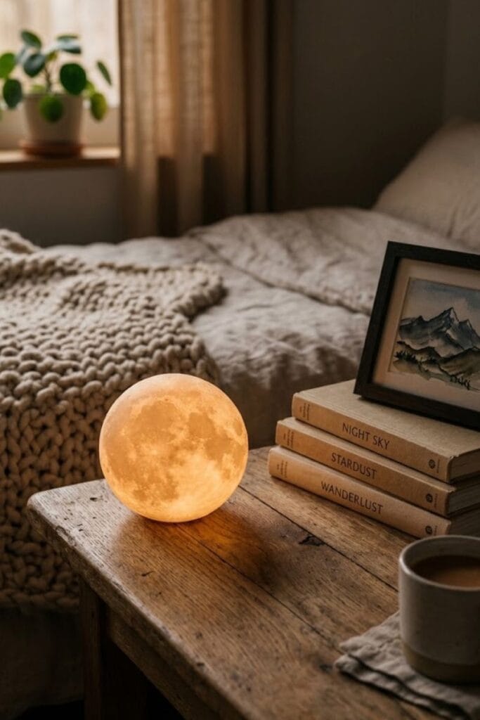 Cratered moon lamp on a nightstand in a space themed bedroom