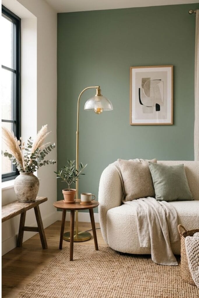  Sage green living room with wedding-inspired color palette styling