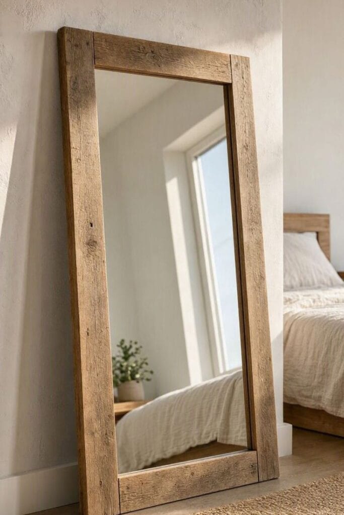 Reclaimed wood floor mirror in small western bedroom ideas