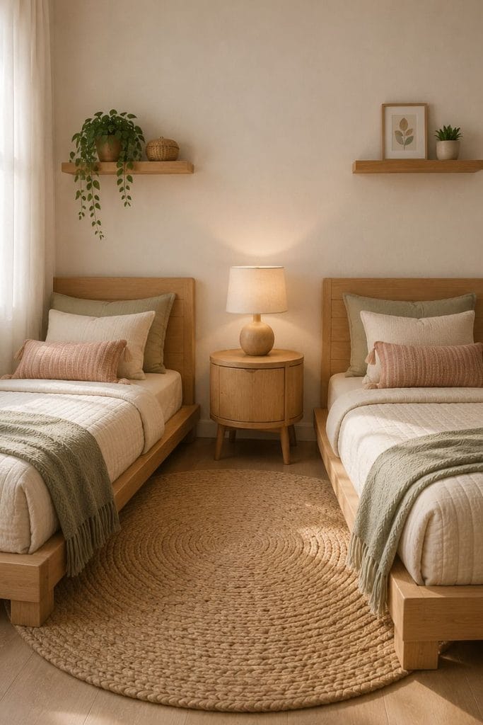 Twin beds with shared nightstand in toddler shared bedroom ideas