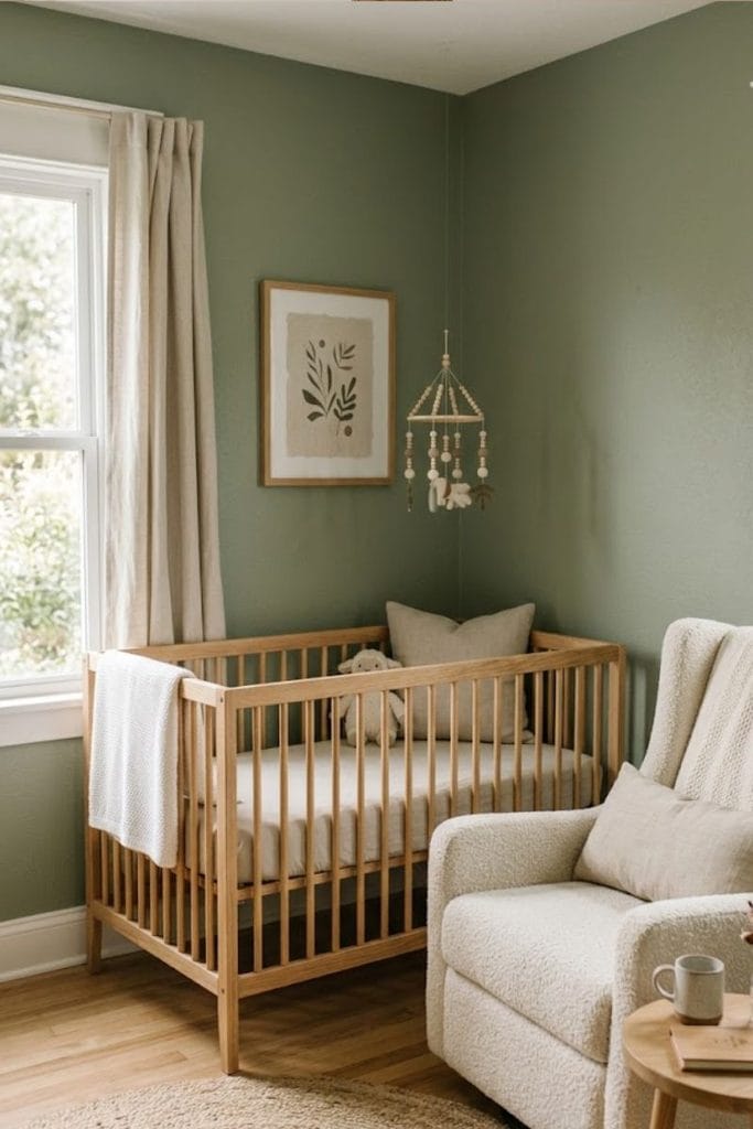  Sage green baby boy nursery with oak crib and glider