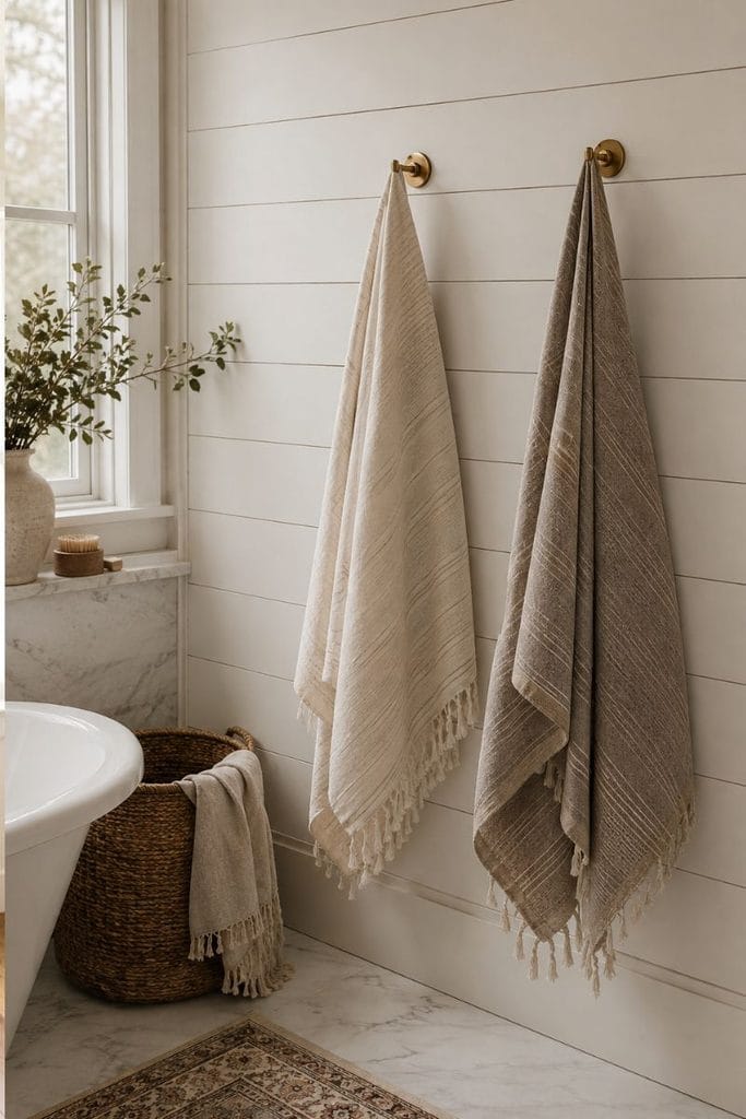 Matching couples towels as cute funny bathroom decor detail