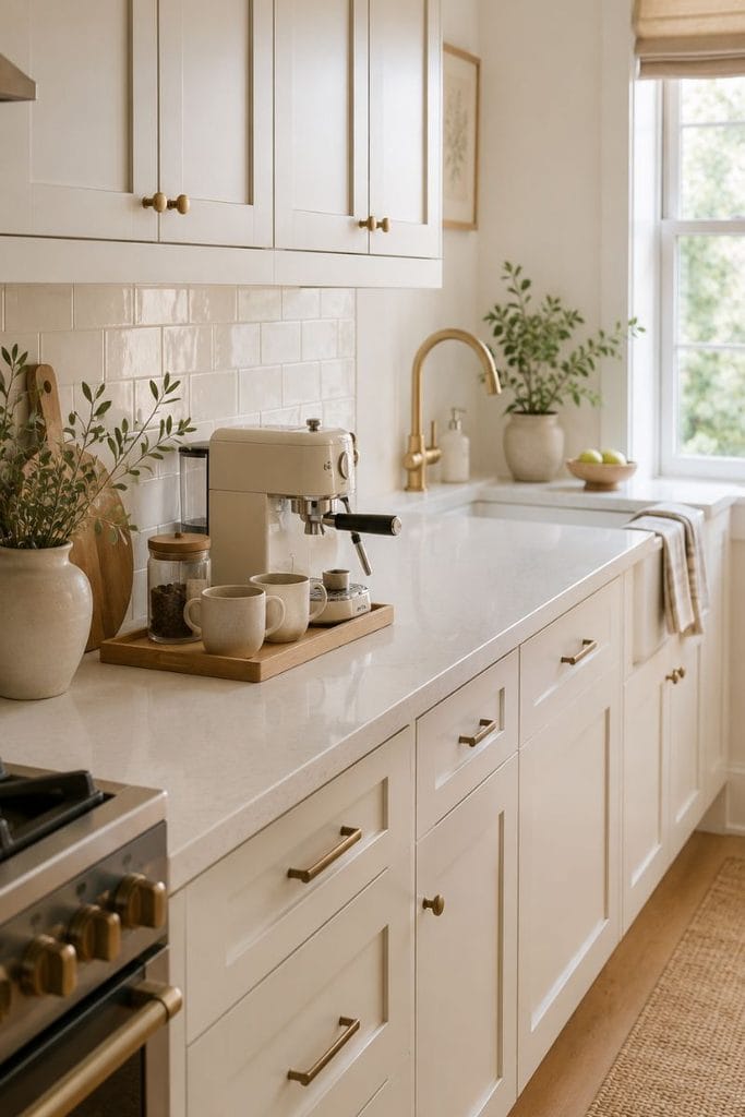 Clear countertops and organized coffee station in a small kitchen