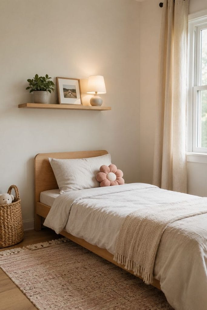 Small simple toddler girl bedroom with one floating shelf above the bed