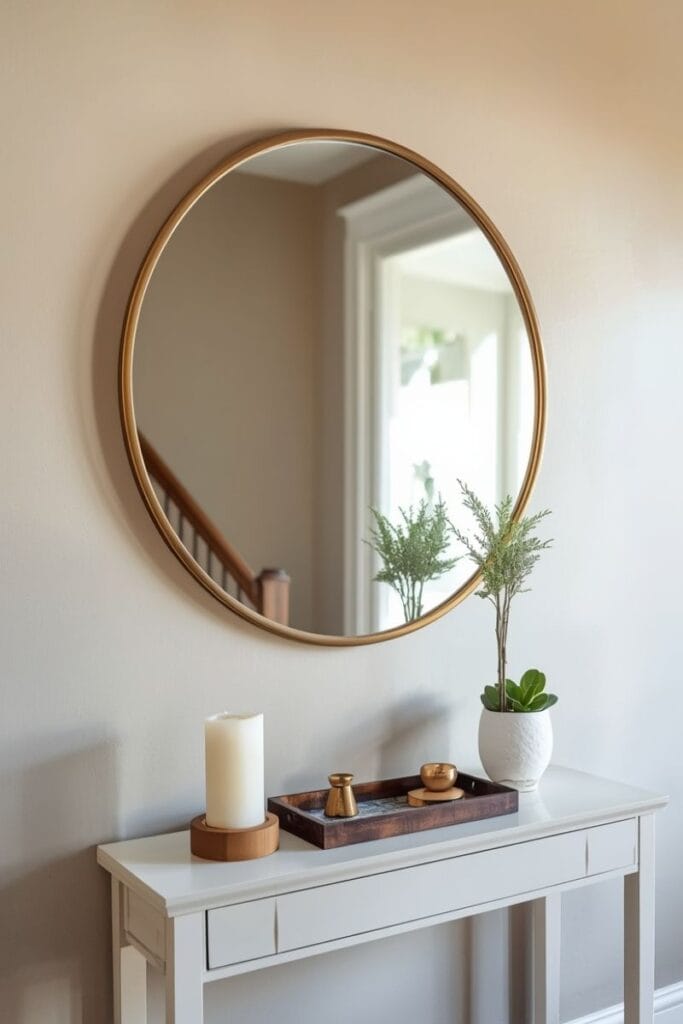 Round mirror staircase wall and landing decor with console table.
