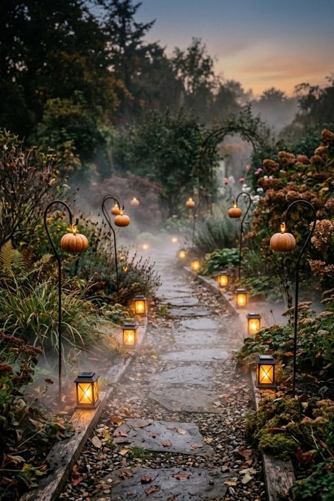 Eerie outdoor Halloween decor ideas for a foggy garden path