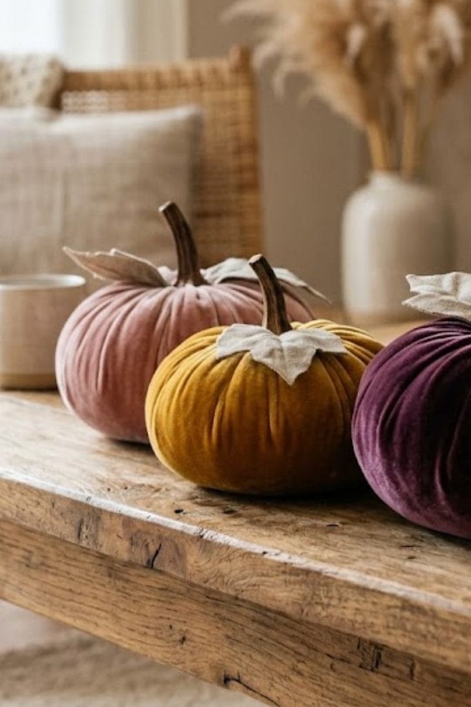 Halloween coffee table decor with velvet pumpkins