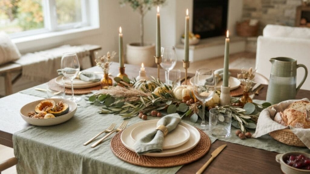 sage green thanksgiving table decor with cream plates and candles