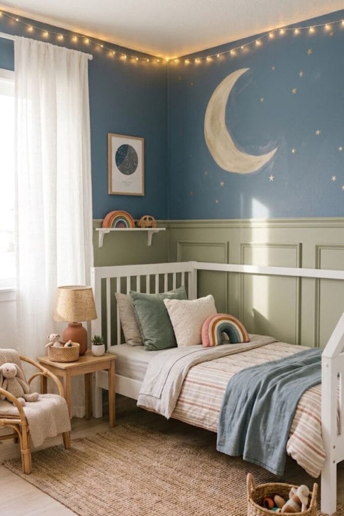 Dusty blue star and moon mural toddler girl bedroom accent wall