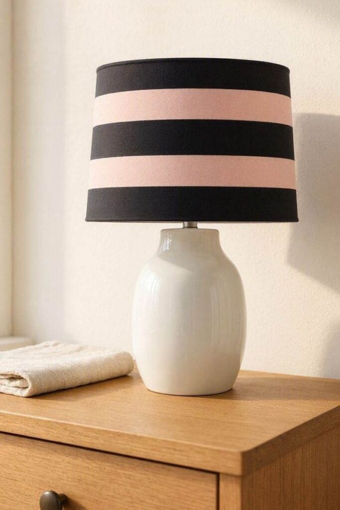 Black and pink striped lamp shade in a toddler girl bedroom